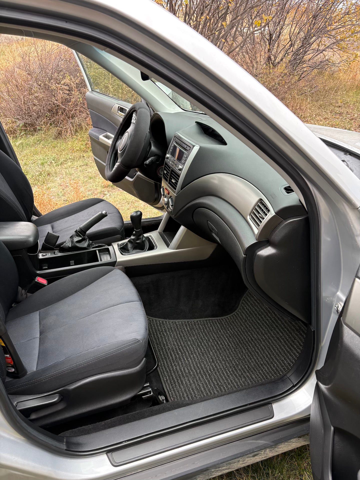 Car interior with open door showing dashboard and seats